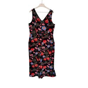 Ann Taylor Black Floral Wide Leg Jumpsuit Size 14 V-Neck EUC